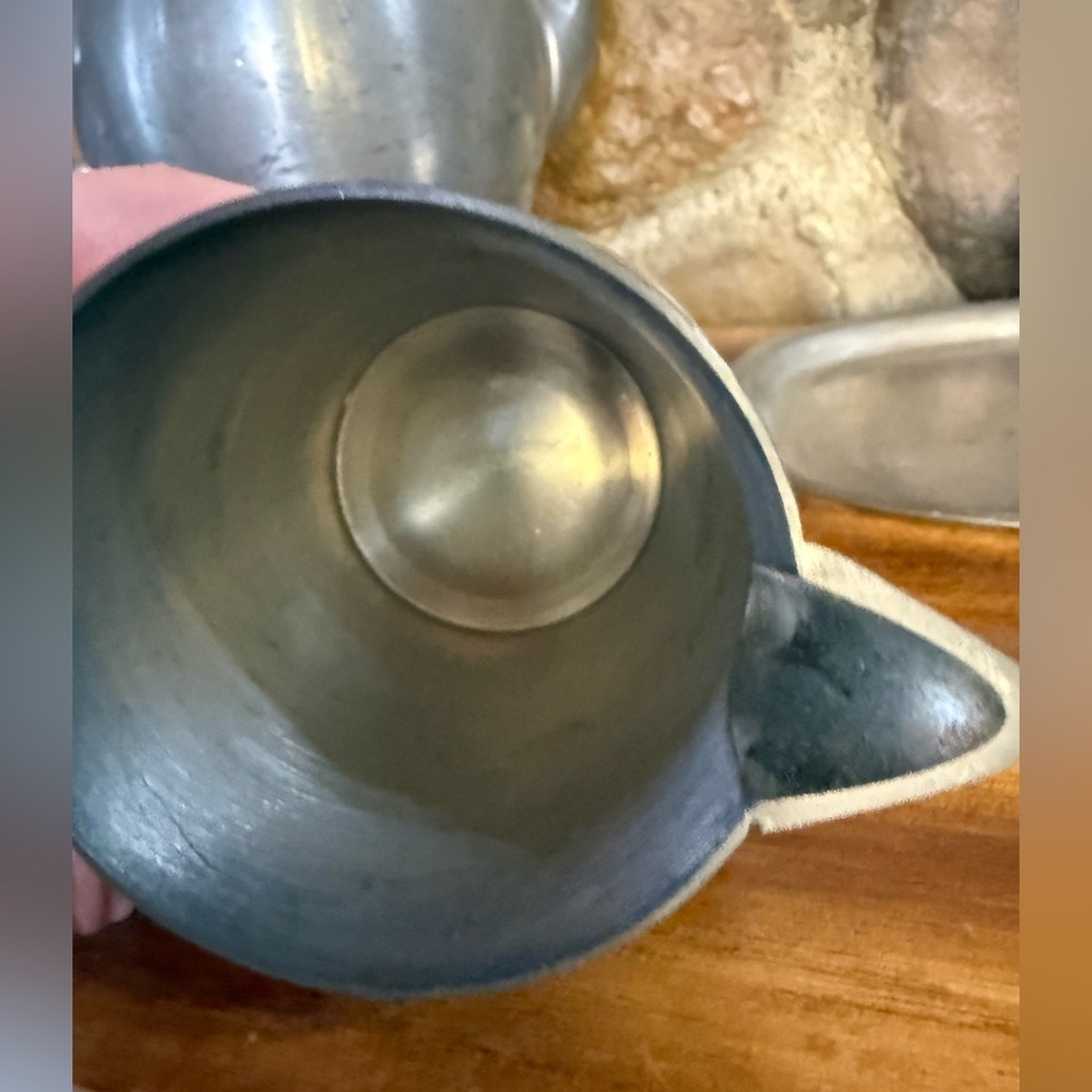 Vintage International Pewter Tea Set 4pc Coffee Pot Creamer Sugar Tray Mid Cen - Picture 12 of 12